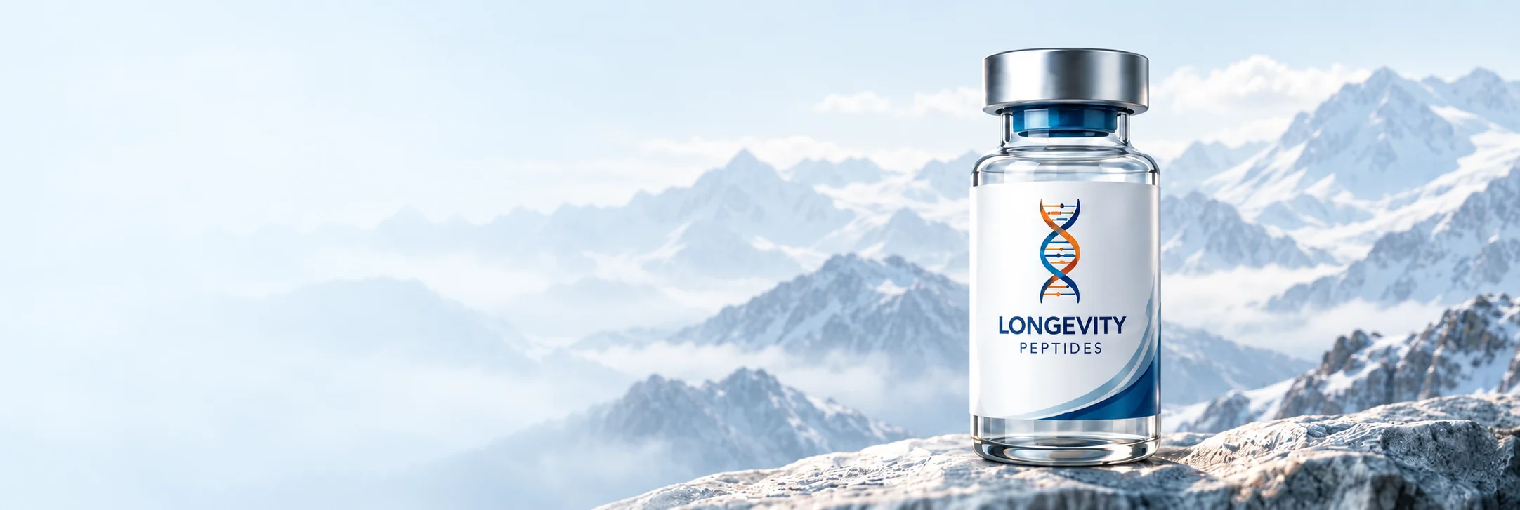 Longevity Peptides-vial på lys stein foran snødekte fjell